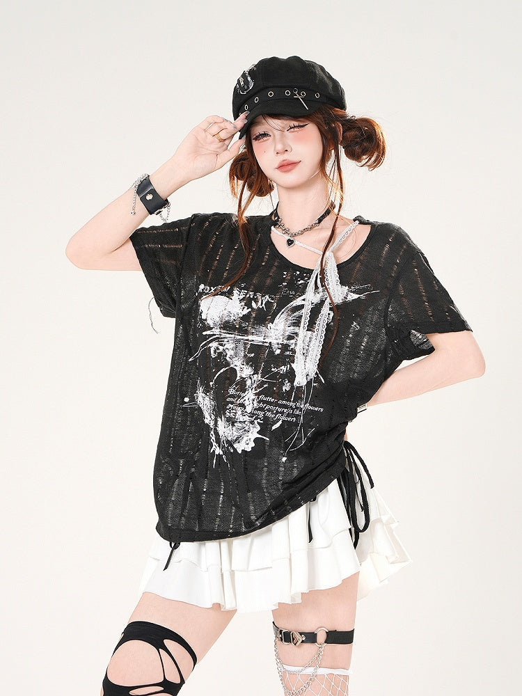 T-Shirt mit Schmetterlingsdruck, schwarz/weißen Trägern und Löchern im Used-Look, selbstbindender Ausschnitt