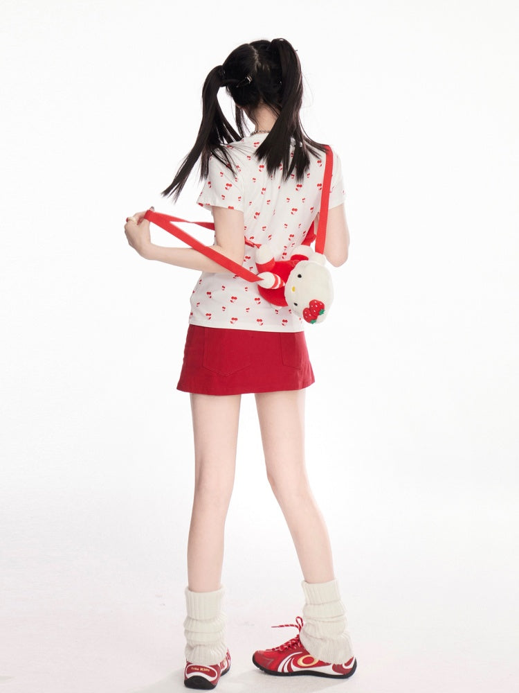 White Allover Cherry Print Rhinestone Letter T-shirt