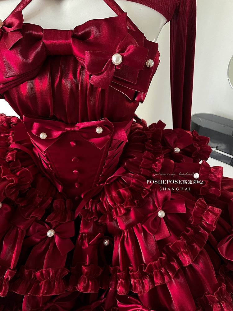 Rotes Weihnachtsoutfit, baskische Taille, Satinschleifen, trägerloses Puffkleid, kurzes Oberteil, komplettes Set