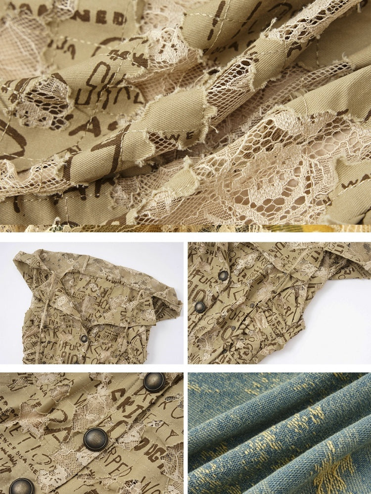 レタードカーキトップデニムハンカチスカートパンクフード付きドレス