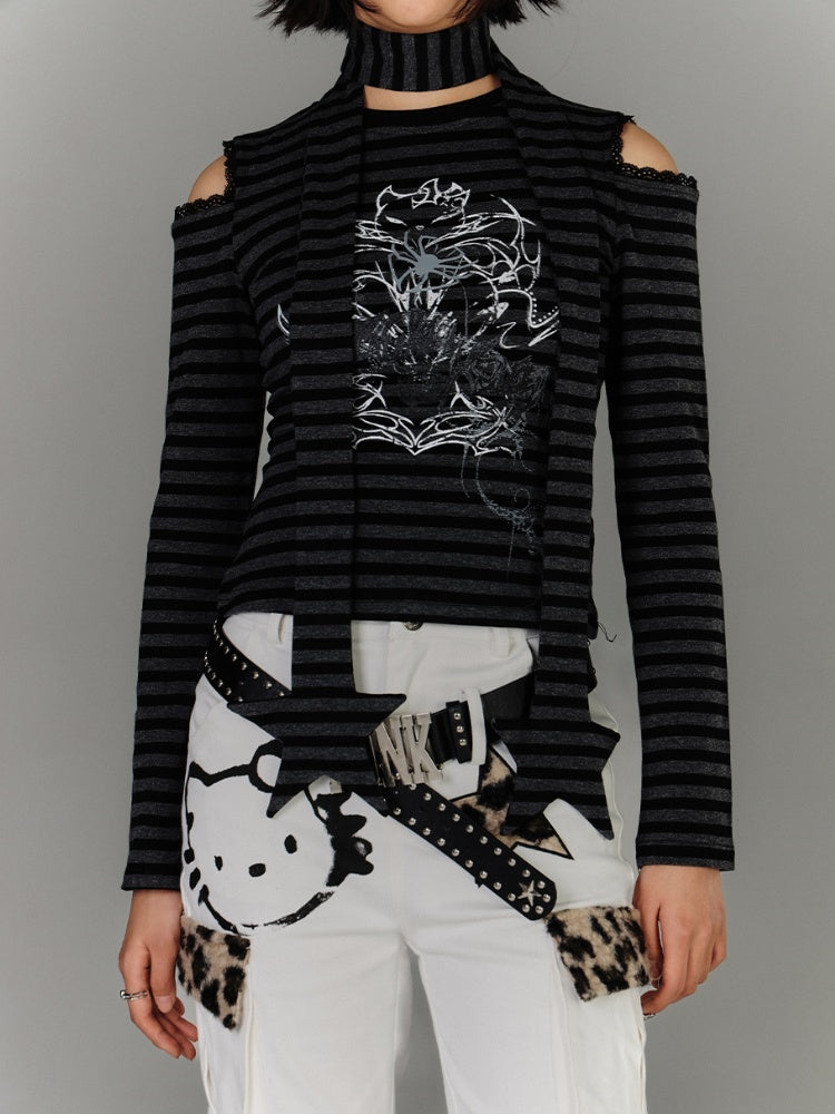 mit Schal Schwarz Grau Gestreift Cutout Schulter Grafik Top Star Punk