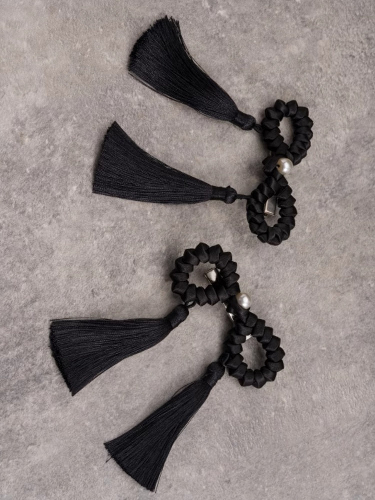 Black Gothic Design Tassels Hairclips Decorated Beaded Bowknot