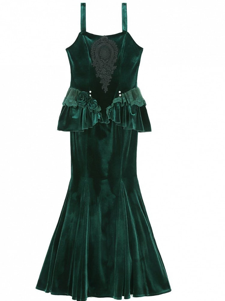 Mermaid Forest Peplum Lace Velvet and Dress with Green Applique Detail Black Dark