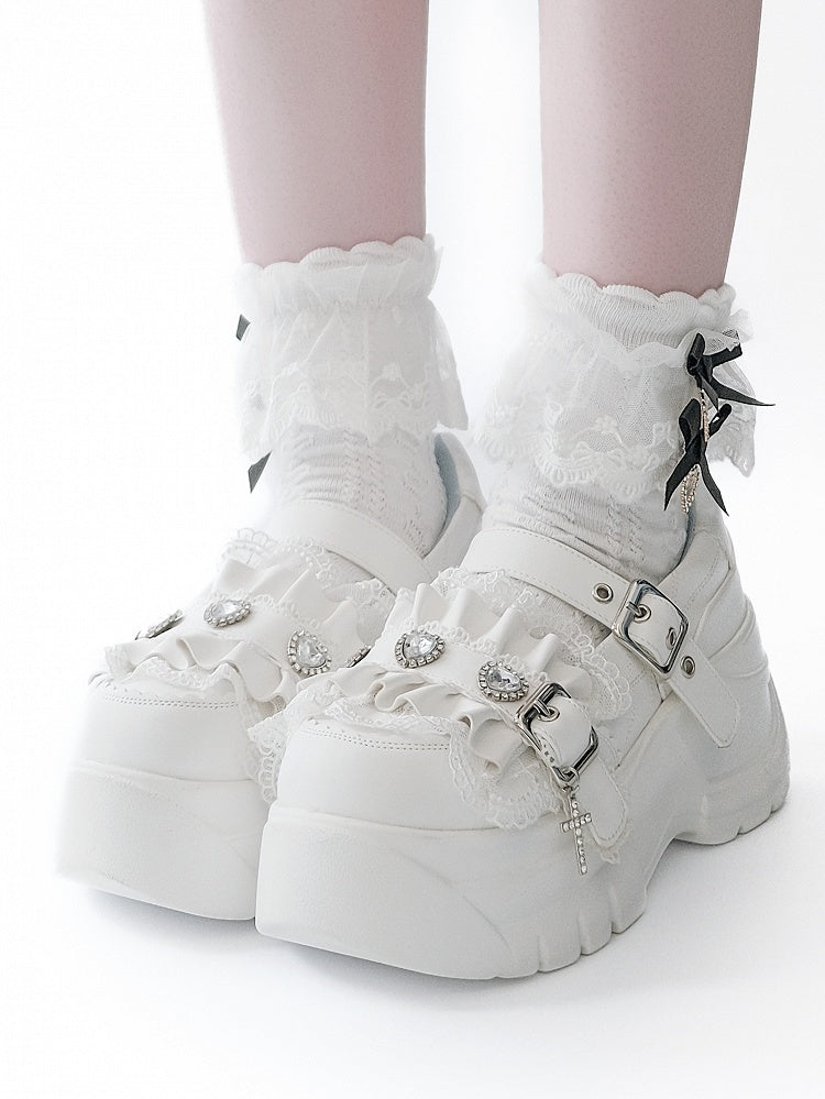 Platforms Heart Cross Rhinestone White Ruffles Charm Details Trim Bittersweet