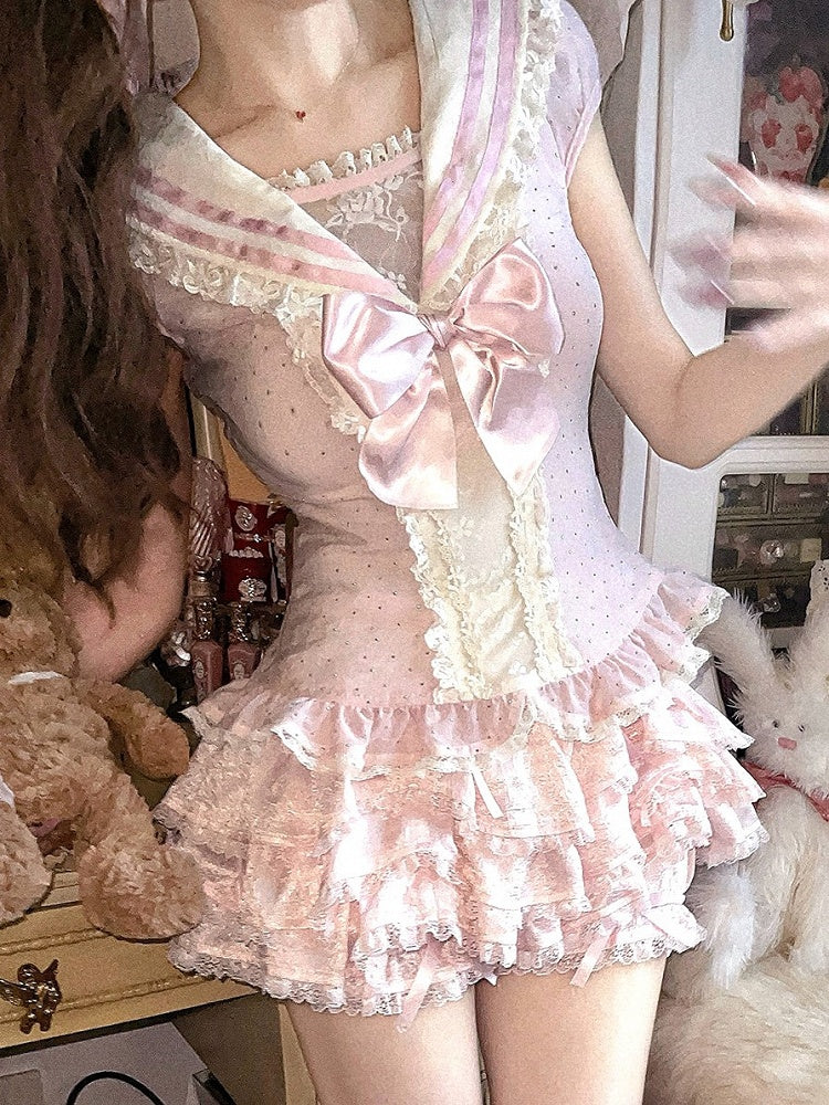 Pink Sailor Cap Collar Sleeves Chiffon Top With