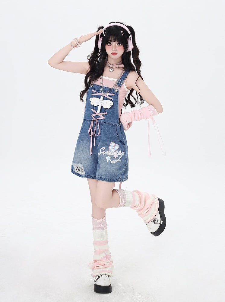 Blue Denim Overall Shorts Bunny Ears Design Back Adorable Lace-up
