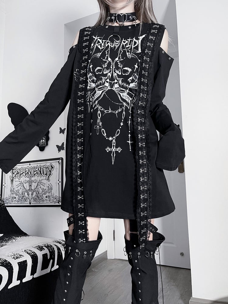 Emo Long And Cutout Letter Top BlackWhite Punk Skeleton Print Sleeves Shoulder