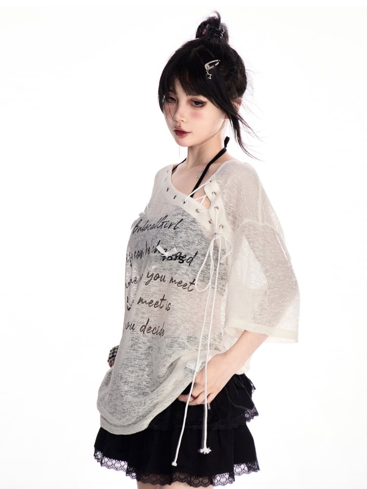 Apricot Lace-up Asymmetrical Neckline Letter Print Semi-sheer