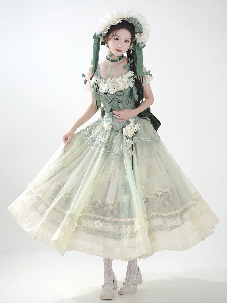Decoration Set Jasmine Print Top Green Skirt Lolita Corset Classic Long Floral +