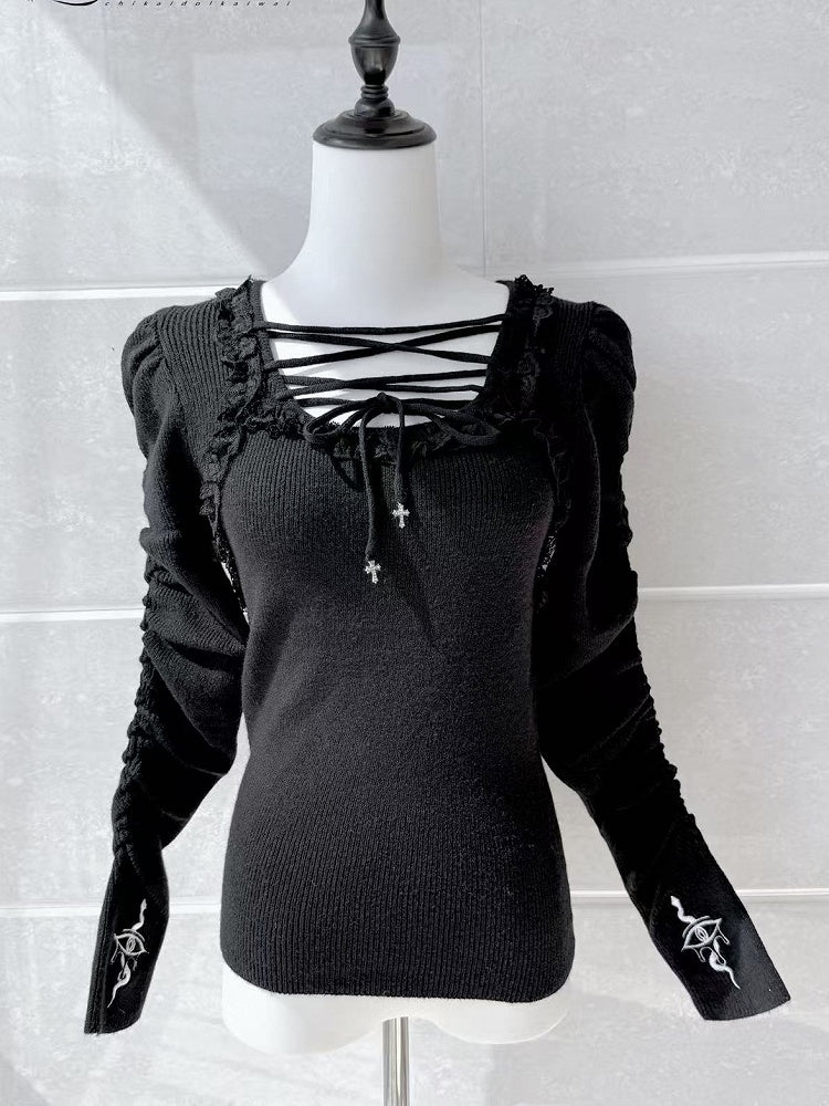 Lace-up Gothic Eye and Cross Embroidery Black Snake Knit Top with Straps Neckline