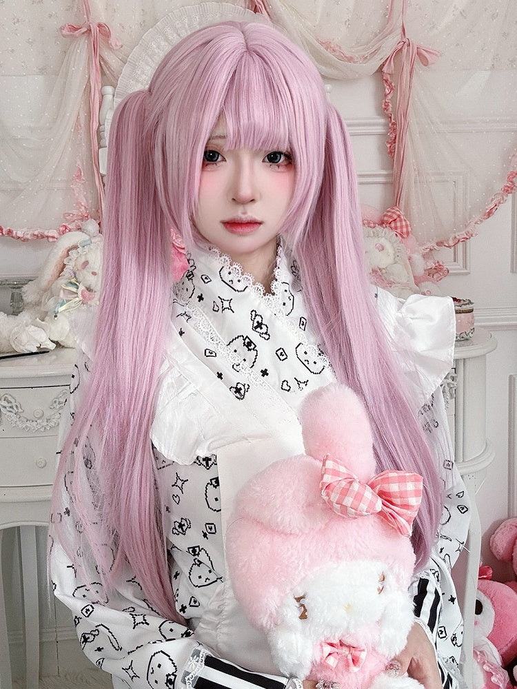 With Full Pink 30CM 70CM + Ponytail Short Double Bangs Clips Length Claw Straight Wig
