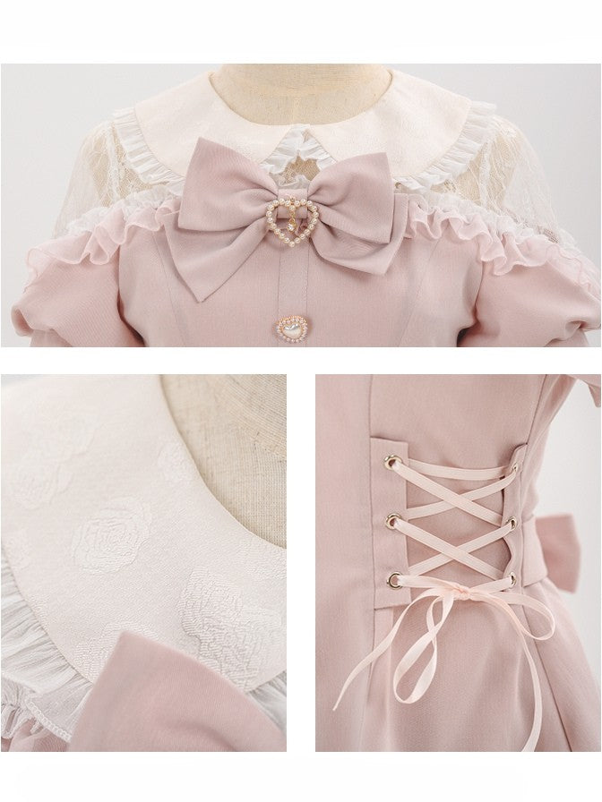 Lace Outfit-Lace-up Kei Ruffles Trim Sleeves Short Jirai Pink Shorts + Details Top