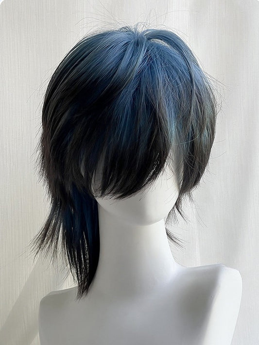 Bangs Blue And Straight Length With Wig Highlight Black 38CM Ouji Style