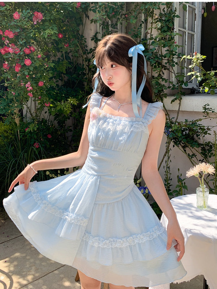 Sleeves Light Blue Flutter Dress Skirt Asymmetrical Chiffon Halter Neck Tiered