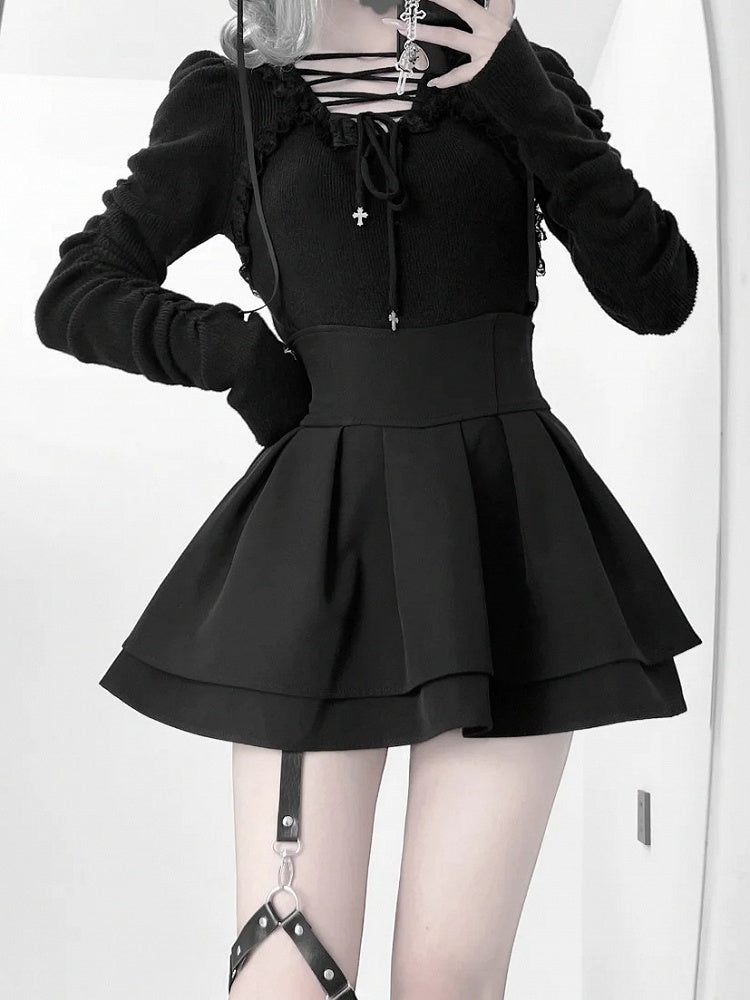 Lace-up Gothic Eye and Cross Embroidery Black Snake Knit Top with Straps Neckline