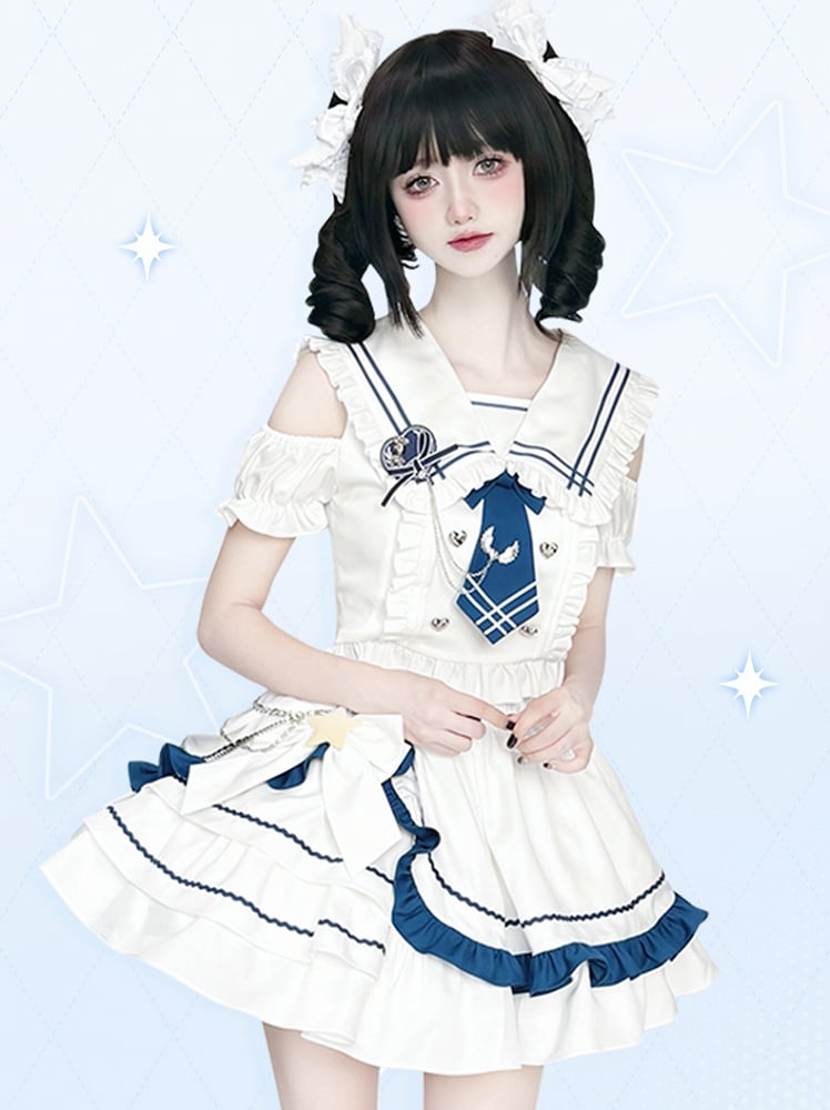 Shoulder Top Cutout Skirt White with Tiered and Sailor Collar
