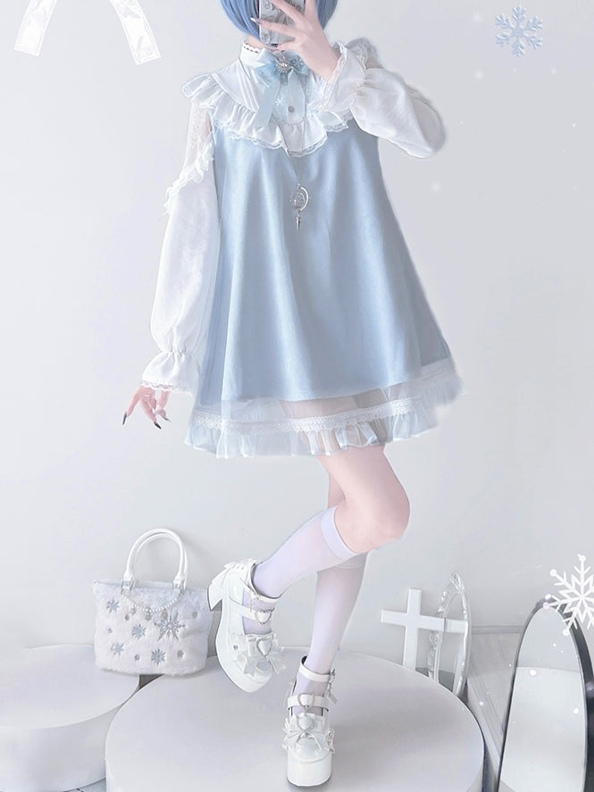 Robe Jirai Kei bleu clair à manches longues et bordures en dentelle style mines terrestres