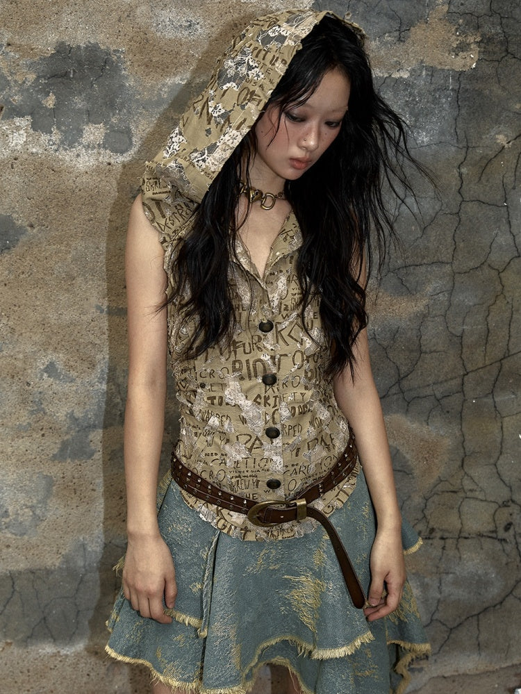 レタードカーキトップデニムハンカチスカートパンクフード付きドレス