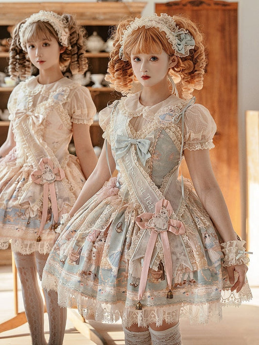 Tee Vollgrünes Korsett Mint Süßes Kleid Party Print Lolita JSK Mieder Kitty Set