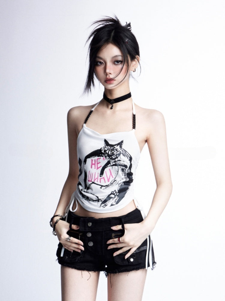 Black/White Top Waist Glamorous Drawstring Cat Graffiti Print Halter Neck