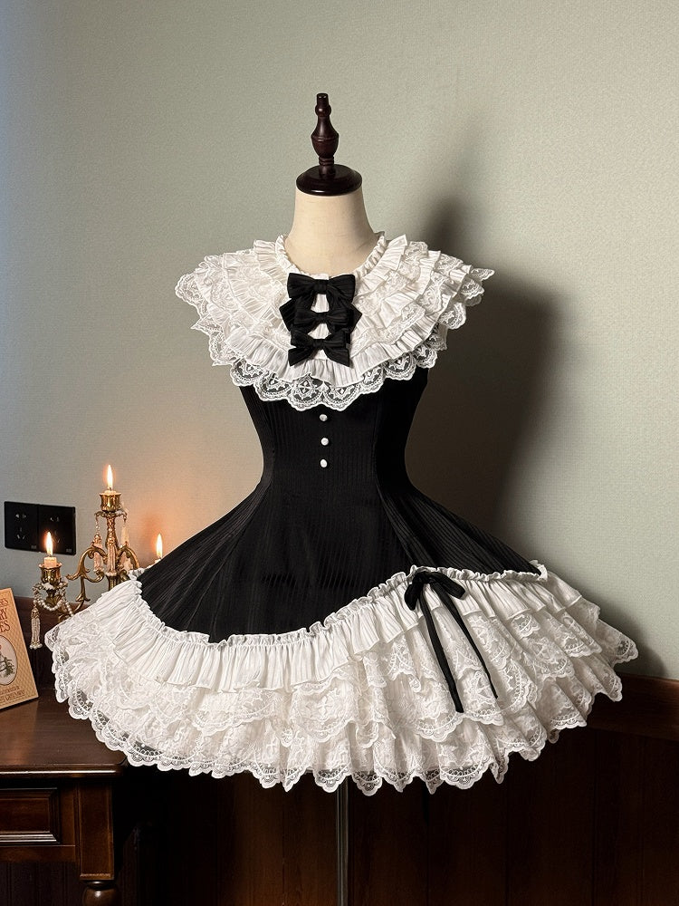 Black Neck Dress White Lolita Ruffle Fit Hem Striped Waist Layered with Sleeveless Fabric Slim and