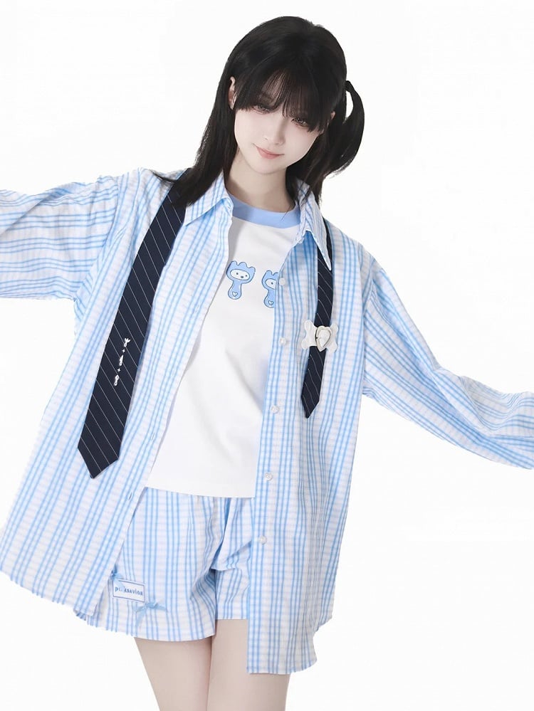 Round Neck Cute Cartoon Print T-Shirt Contrast Trim White Blue