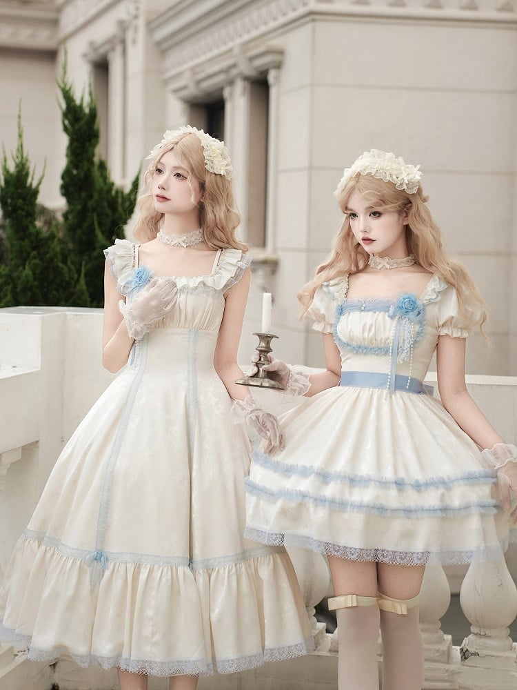 Lolita Lace and Puff Sleeves Dress Neckline Light Square Beige Trims Short Blue