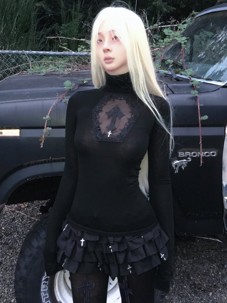 Gothic Schwarzer Sarg Cutout Kreuze Verziert Hochgeschlossenes Langarm Top