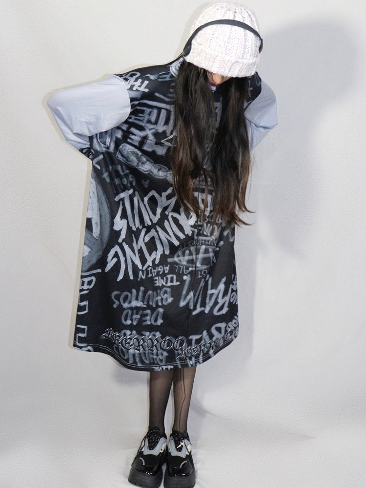 Fashion Print Gyaru Gray Letter Dress