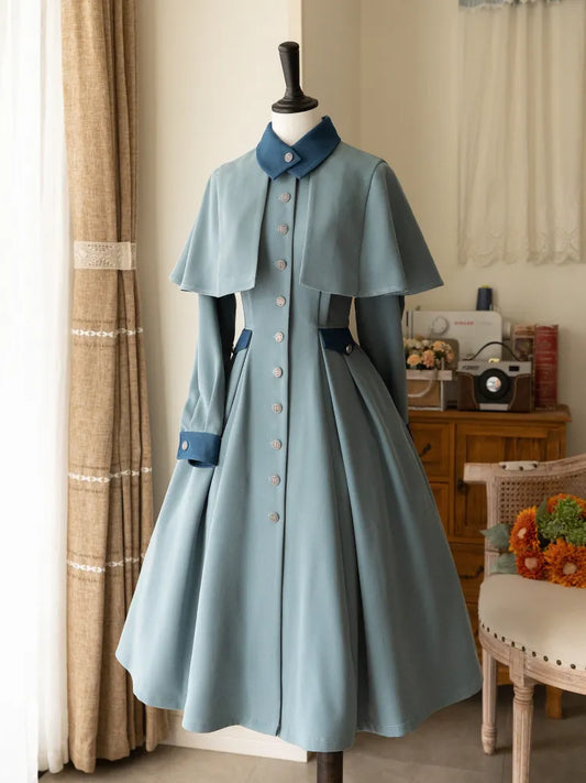Uniform Blau Abnehmbares Elegantes Cape Beauxbatons Dusty Front Kleid mit Knopfleiste inspiriertem Knopf Vintage