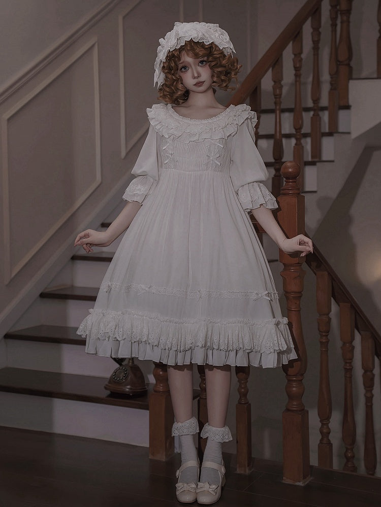 White Lolita Dress Waist Short Shiro High Sleeves All