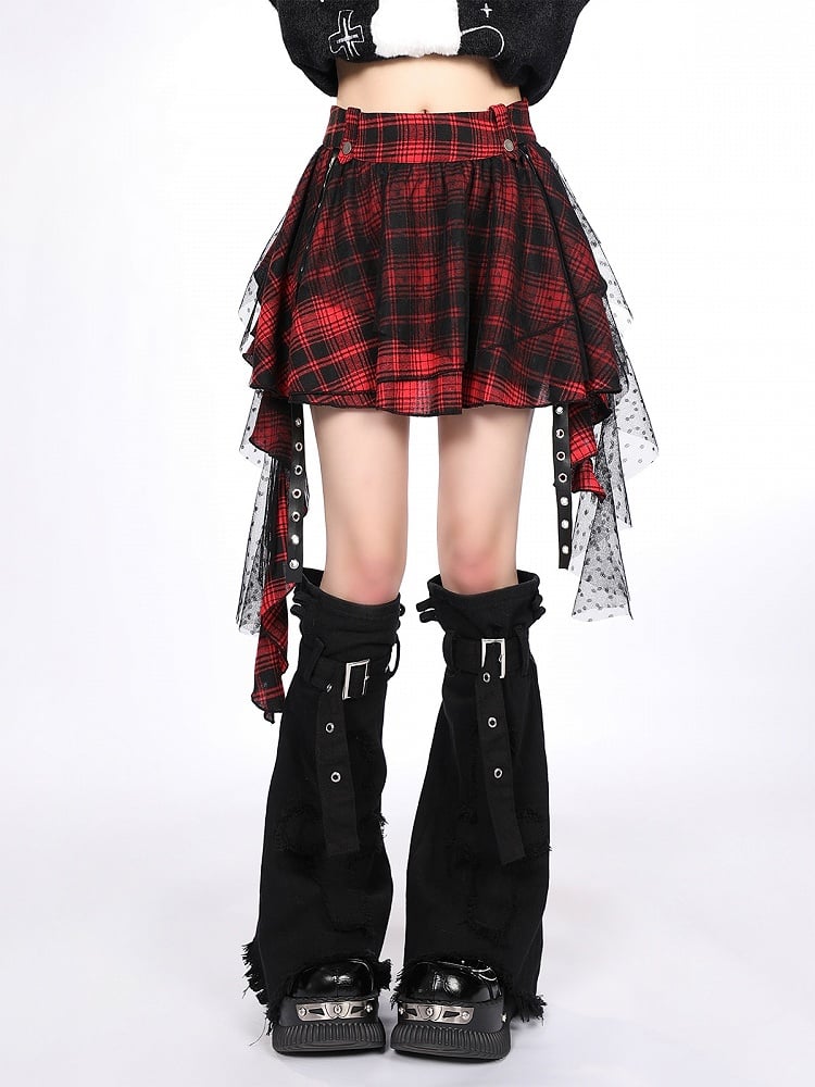 Asymmetrical Red Plaid Tiered Mini Skirt with Lace Overlay Y2K