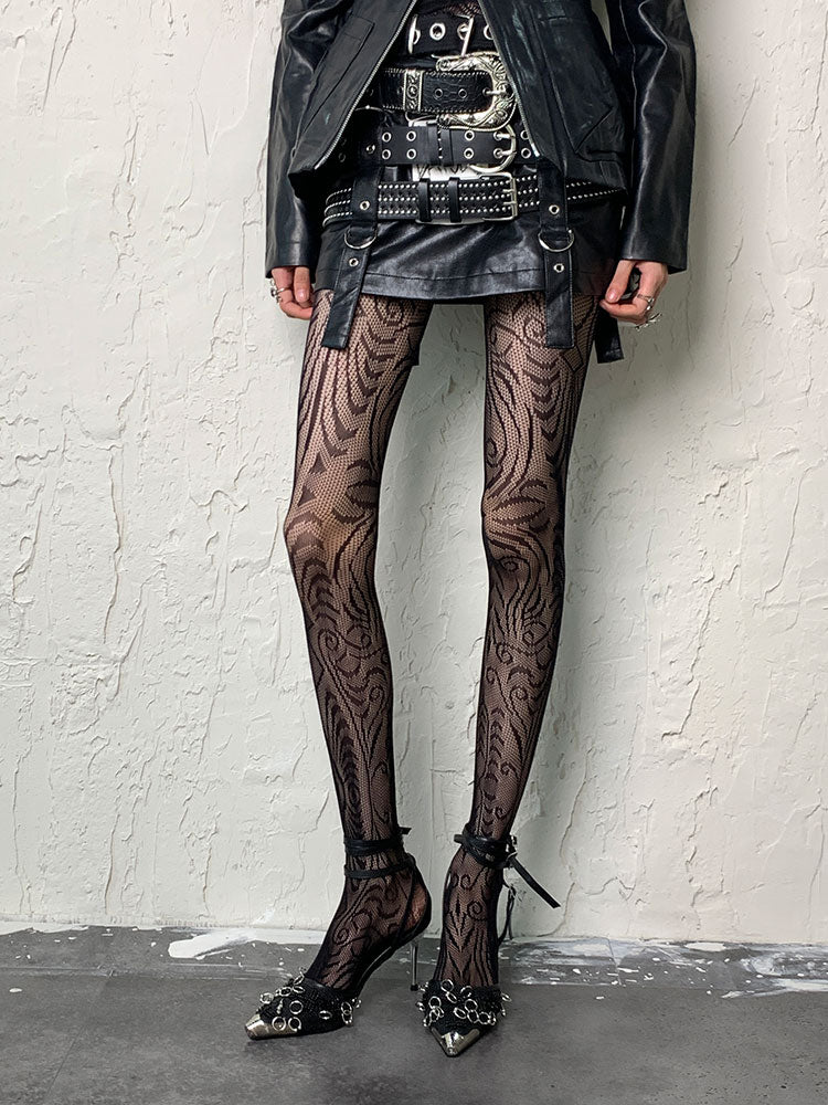 Dunkelgotische schwarze Y2K-Strumpfhose mit unregelmäßigem Design und Hohlsaum