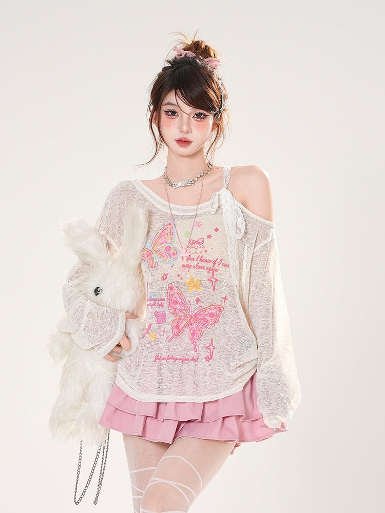 Asymmetrical Neckline Butterfly Print Apricot/Green