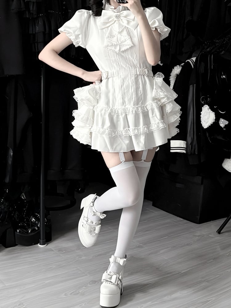 Bow and White Kei Flowing Dress Side Sleeves Tie Train,Shorts Set: with Puffy Gothic Jirai