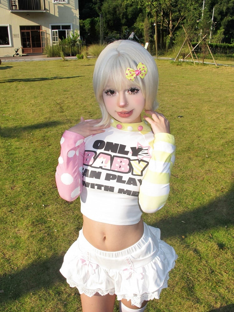 Yellow&Pink Long Sleeves Letter Cropped Top