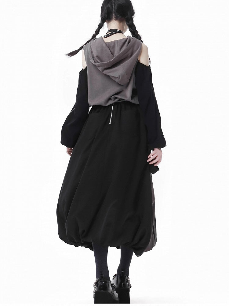 Print Colorblock Design Drawstring Gray Hem Hoodie and Cutout Shoulder Star Black