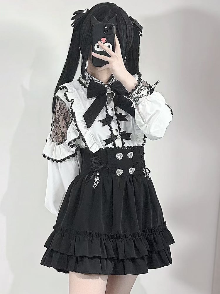 White Trim Jirai Rhinestone Details Kei Bowknot And Blouse Decorated Beaded Ruffles