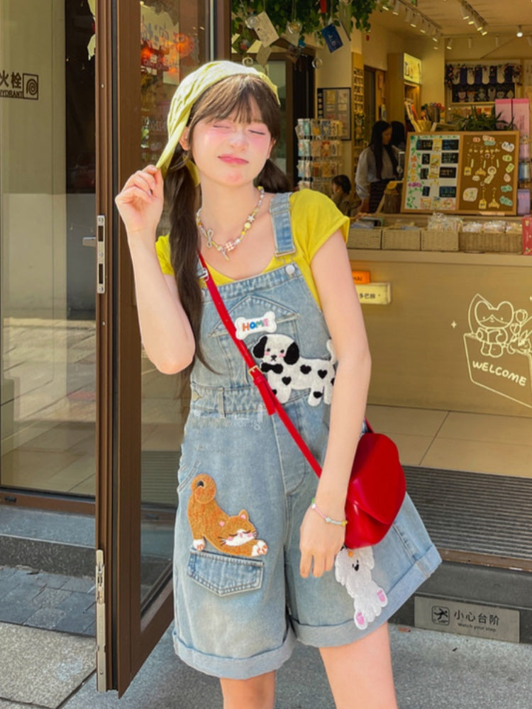 Blue High Detachable Waist Kitty Denim Overalls and Puppy Appliques with