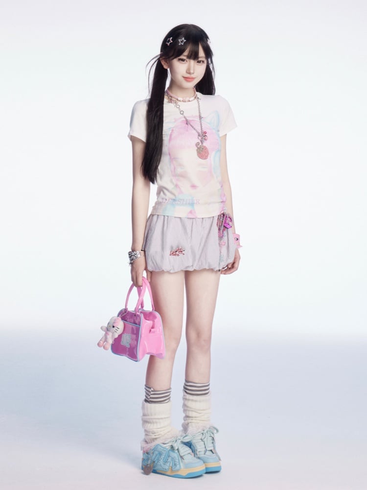 Embroidery Mini Bubble Skirt Pattern White Striped Letter