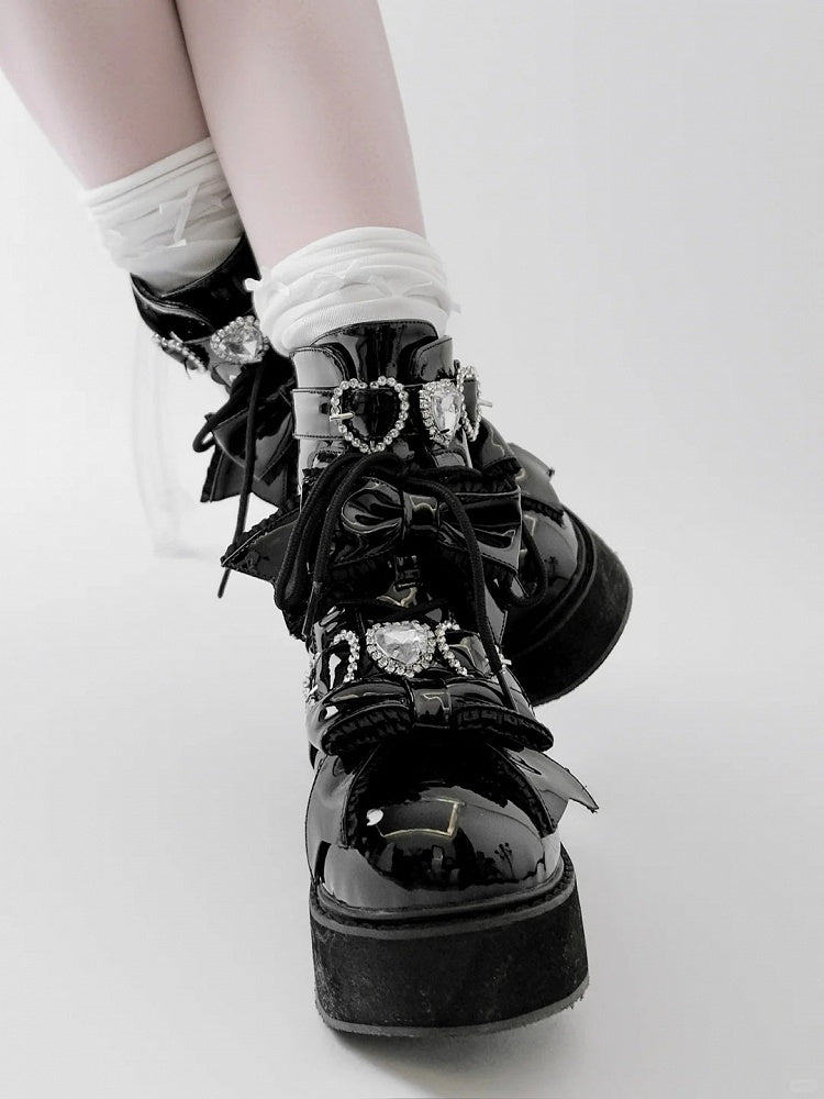 Plateau Stiefeletten Schnallen Jirai Kei Poliert und Schwarz Strass Sweetheart mit