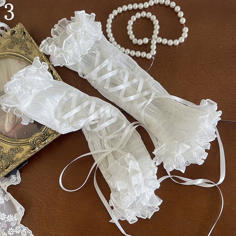 Semi-sheer Warmers/White Lace-up Pattern Gray Lace Leg Tights/White Loop Hollow-out Socks/White Floral