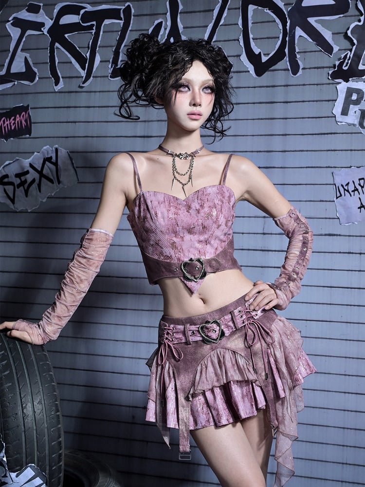 Hem Mini Pink Skirt Denim Belt Asymmetric Sequined Heart with Y2K Buckle Punk