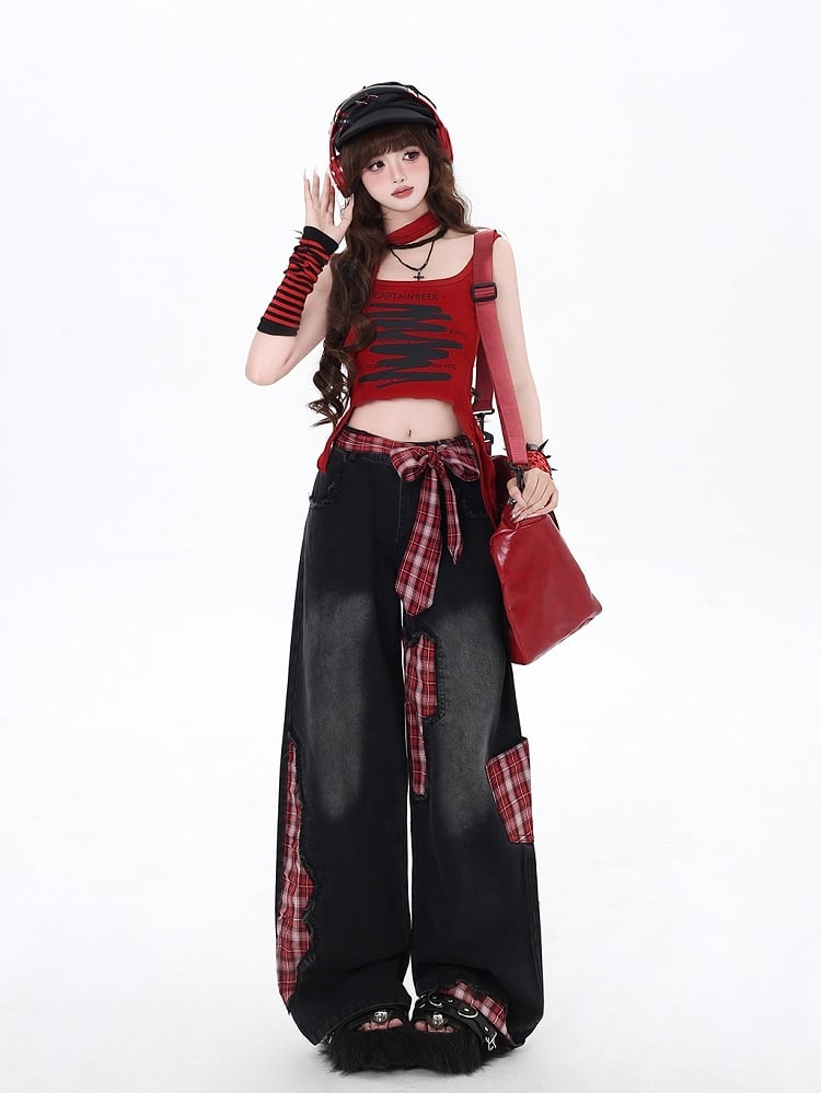 Black Street Wide-leg Bowknot Plaid Jeans High Cut Red