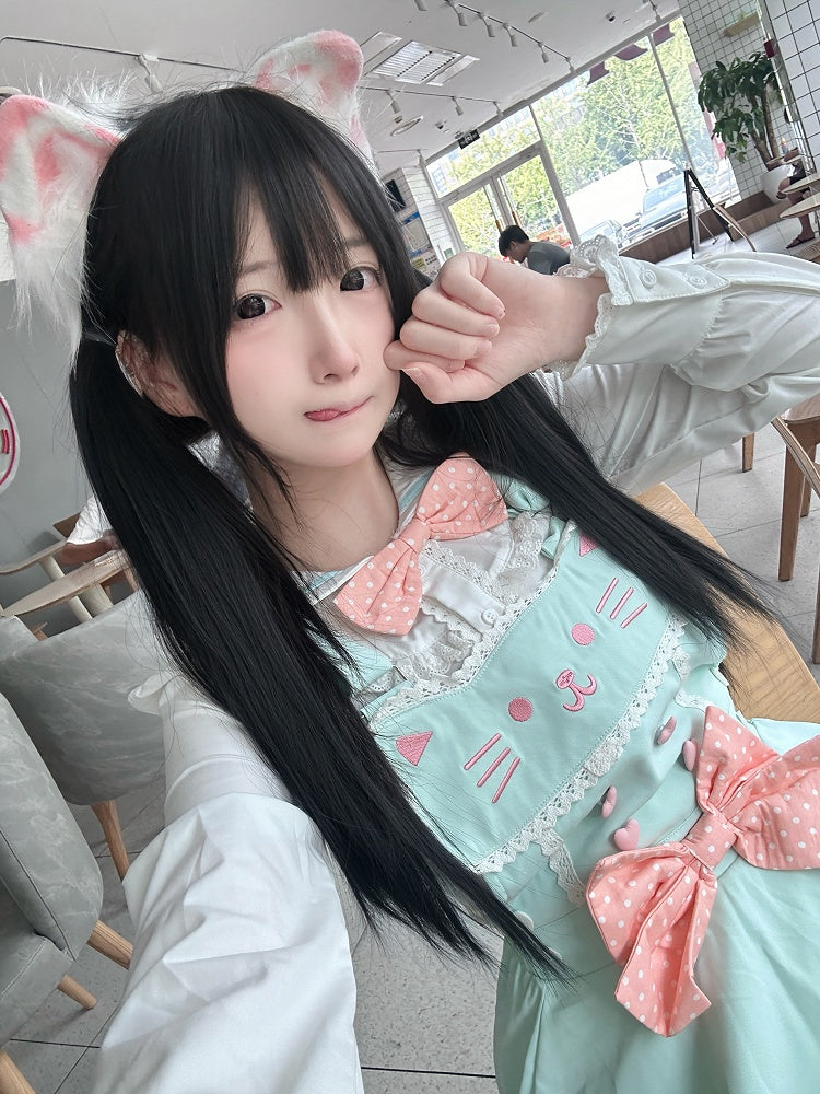 Soft Mint Green Adorable Cat Embroidered Overall Dress / White Sailor Collar Blouse