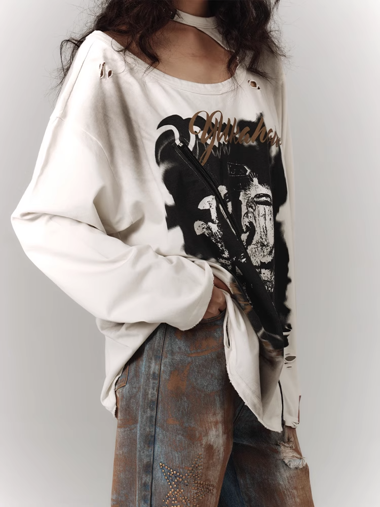 Zipper and Detail White Distressed Top with Cutout Shoulder
