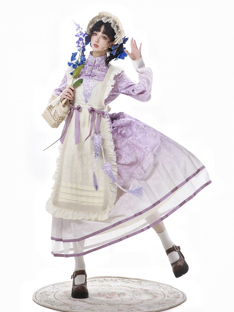 Beige Print Charm Kleid Quaste Lolita Han Schürze Floral Wisteria Lila + Perlen mit