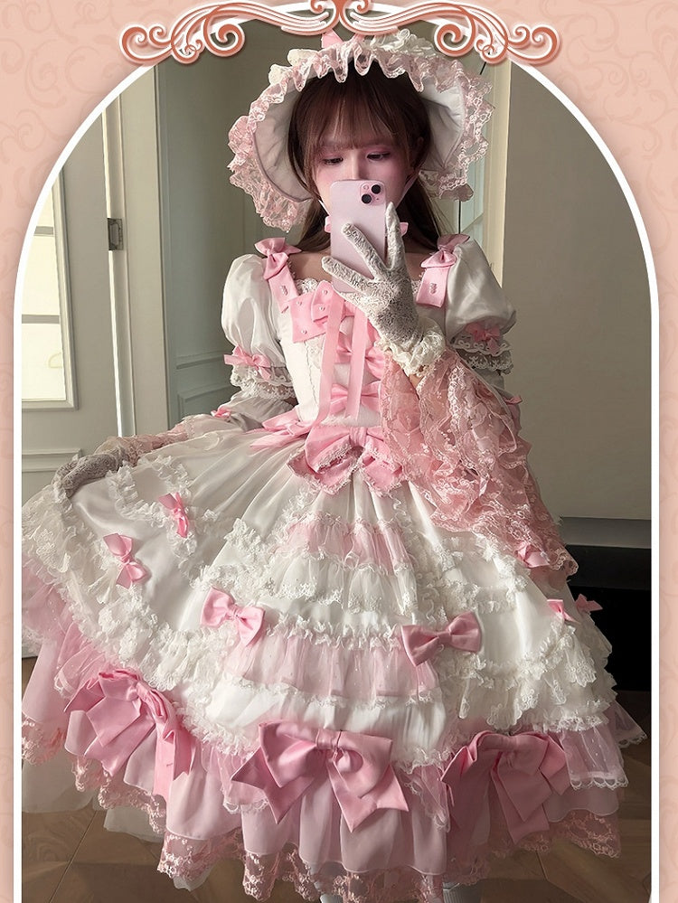 Dress High Sweet Pink with White Waist Sleeves Detachable Lolita Bow Princess Accents