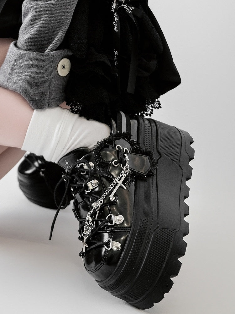 Detachable Black With Punk Front Charm Ties Design Platform Chain Lace-up Cross Shoes