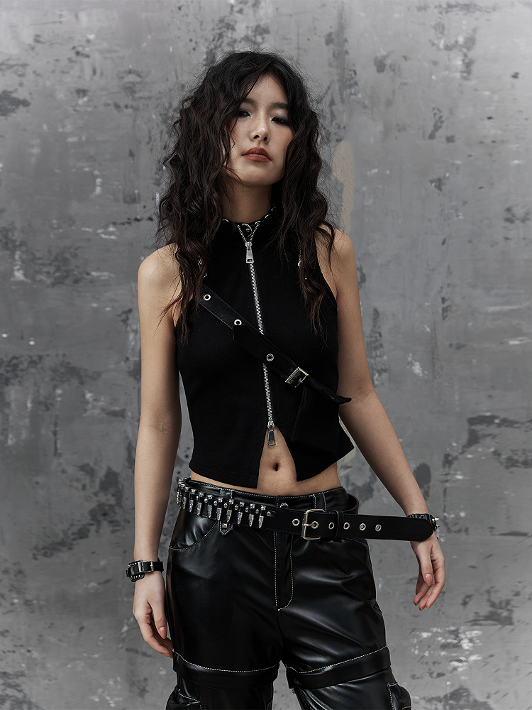 With Accents Black Metal Crop Bag PU Top Punk Waist
